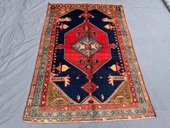 4’3×6’5 ft Caucasian Diamond Medallion Navy Field Handknotted Wool Vintage Rug