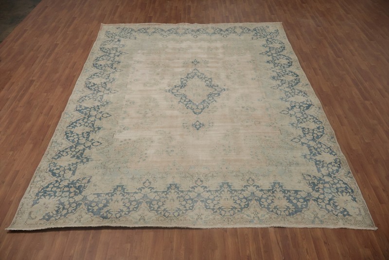 Distressed Blue and Beige Rug with Pink Undertone Handmade Room Size Rug 10x13 gallery