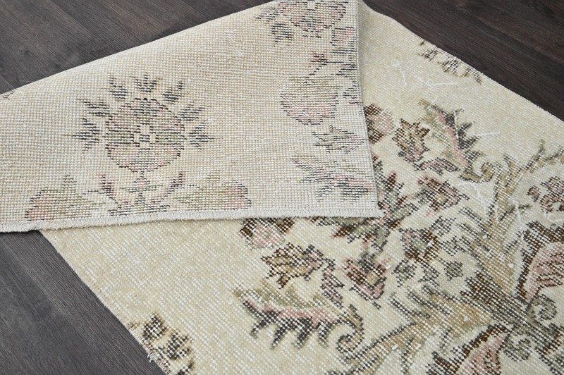 Vintage Turkish Runner Rug 2x7ft BEIGE Handmade Anatolian Oushak Hallway Wool gallery