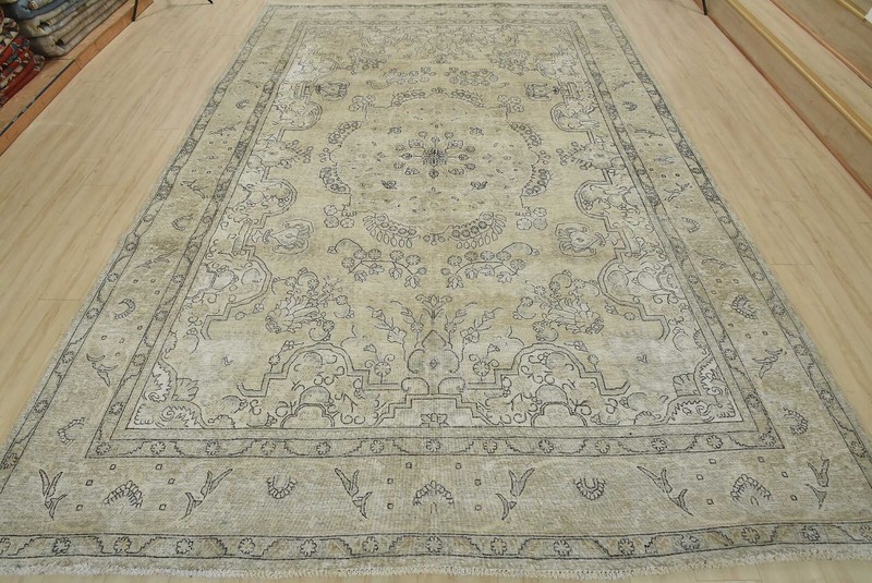 Tabrizi Rug 9'7'' x 13'1'' Beige Wool Vintage Distressed Hand-Knotted Carpet gallery