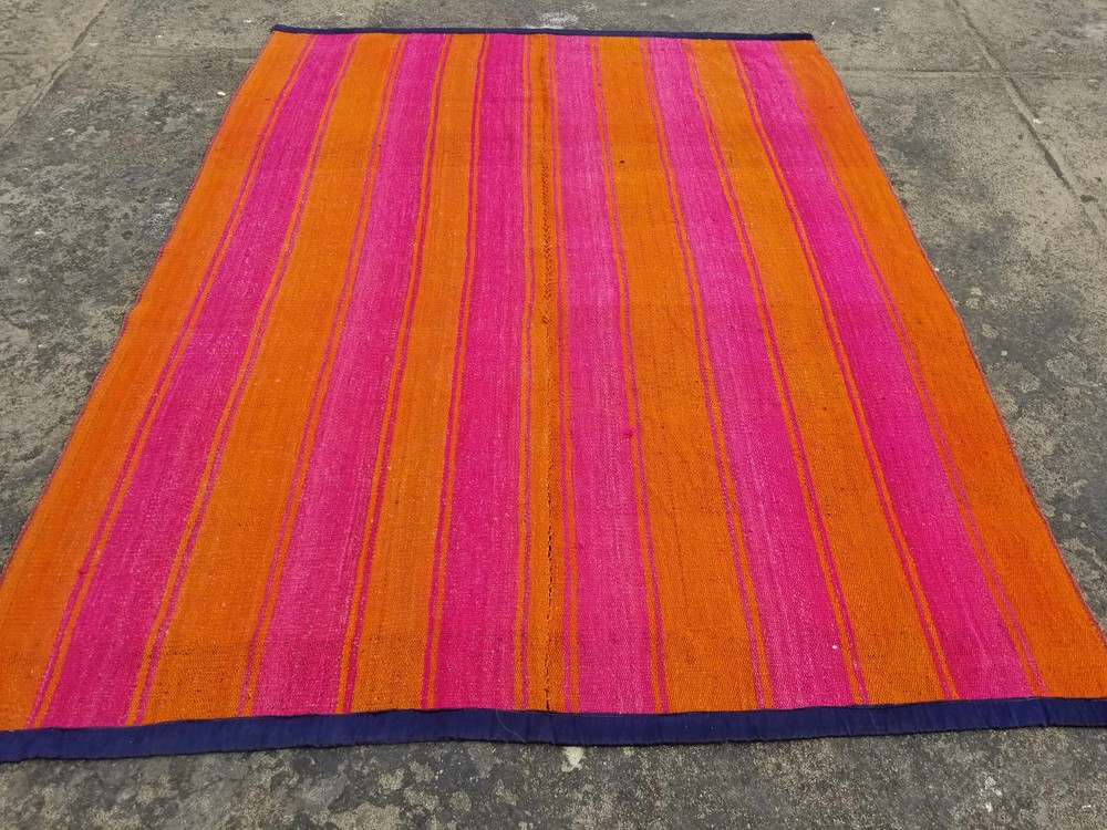 Vintage Traditional Handmade Striped Neon Pink & Orange Wool Kilim 5.5x4.3 ft