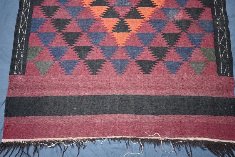 1940s Antique Afghan Geometric Kilim Rug 4x12 ft Handwoven Faded Wide Runner Rug gallery