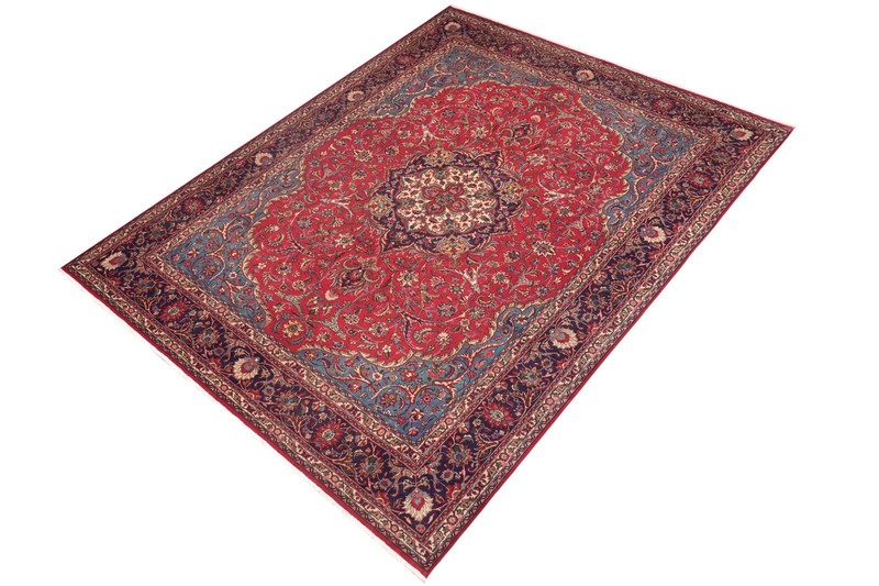 Elegant 9'7" x 12'9" Hand-Knotted Wool Area Rug - Red Field & Blue Medallion gallery