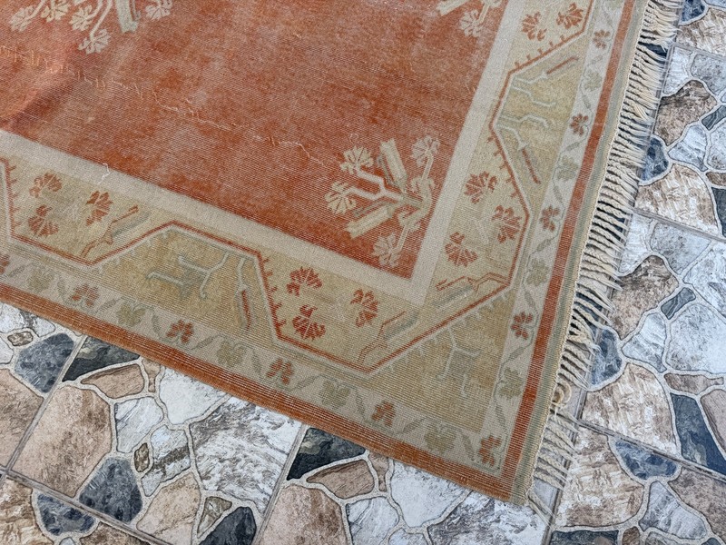 1990s Vintage Turkish Oushak Rug, Tribal Handmade Geometric Area Carpet 5x8 ft gallery