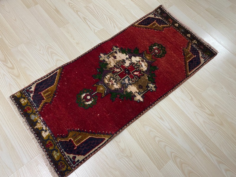 Antique Turkish Rug 1.4x3.1 ft Vintage Deep Red Tribal Small Runner Boho Mat gallery