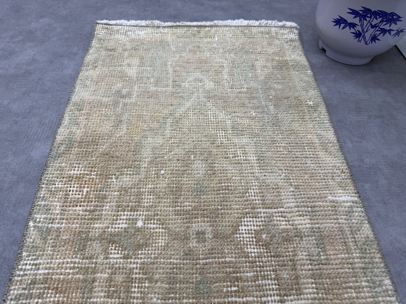 1x3 Hand-Knotted Wool Turkish Door mat, Beige Green Pink Vintage Small Rug gallery
