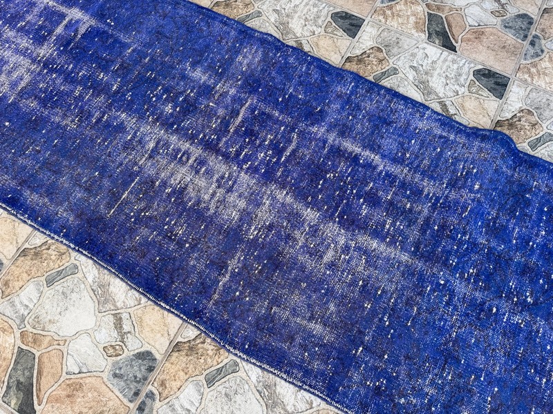 1970s Vintage Turkish Overdyed Runner Rug 2.6x9 ft Cobalt Blue Hand-Knotted Wool gallery