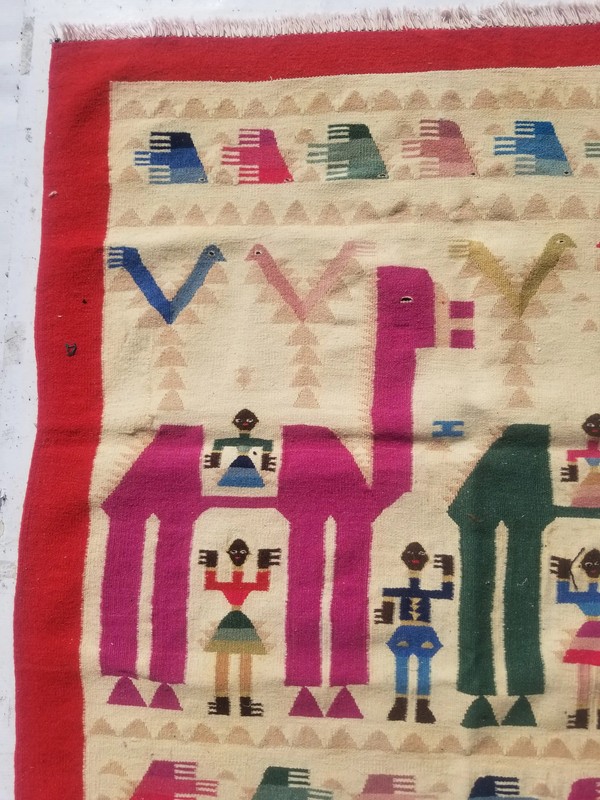 Vintage Traditional Handmade Tunisian Pictorial Wool Tapestry Rug 3.4x3.3ft gallery