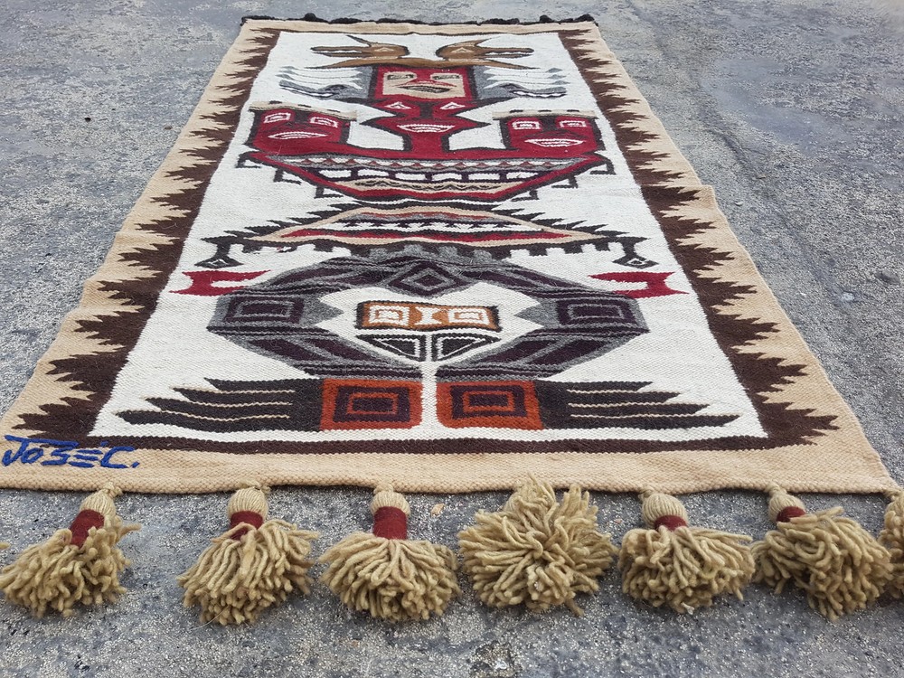 Vintage Handmade Ecuador Aztec Wool Multicolor Wall Hanging Tapestry 3.4x2.1ft