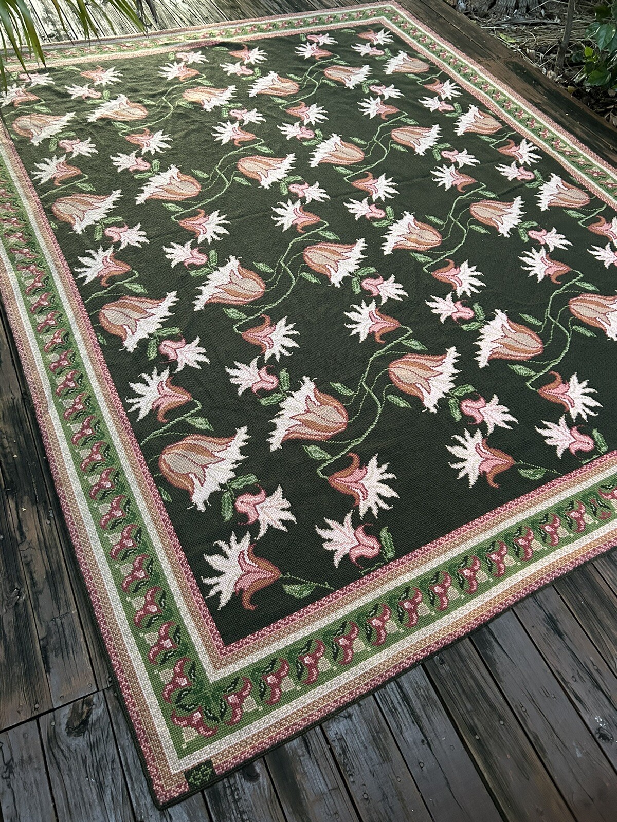 Vintage Portuguese Hand Woven Wool Floral Flat Weave Rug Carpet 11X9 Feet gallery