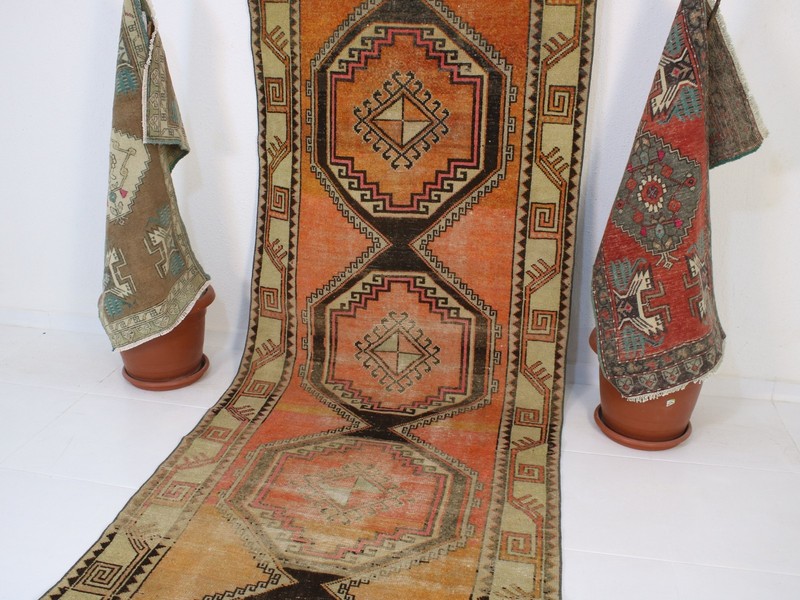 Vintage Turkish Runner 4x13 ft | Handmade Extra Long Orange Black Rug | 109x396 gallery