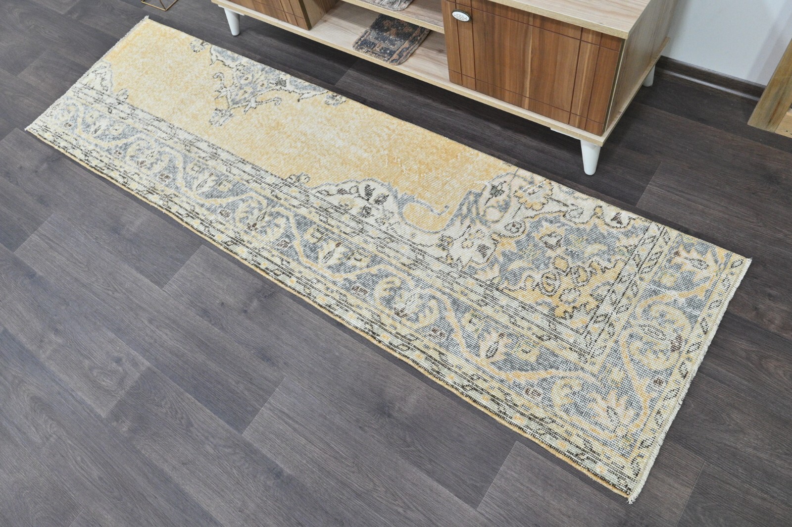 Vintage Turkish Runner Rug 2x7ft BEIGE Handmade Anatolian Oushak Hallway Wool gallery