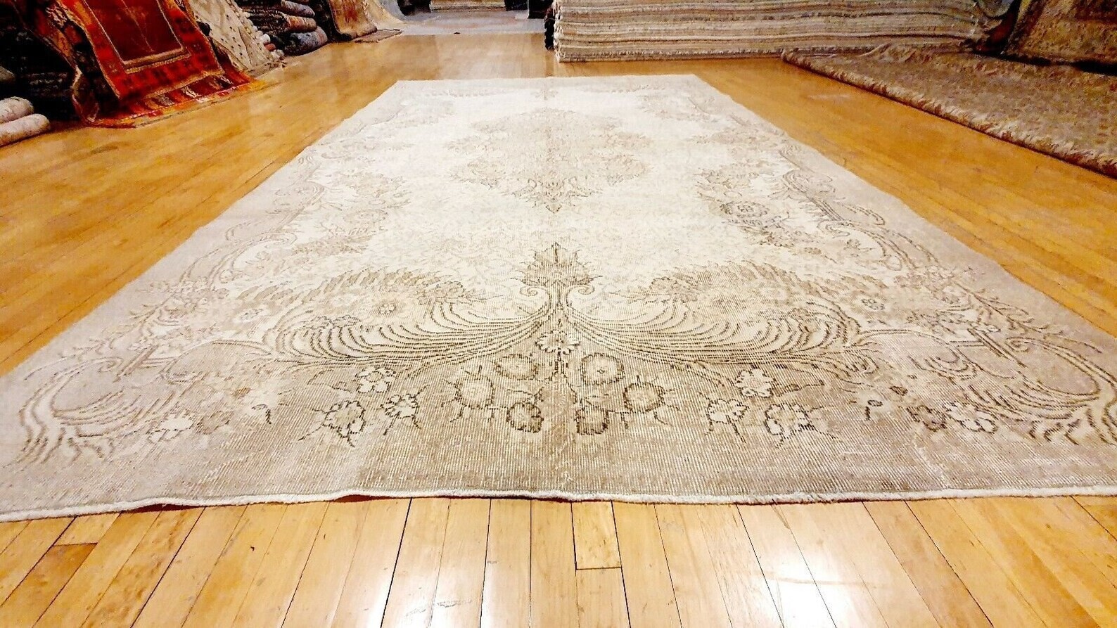 Antique 1940-1950's Distressed Wool Pile Muted Oushak Karabahk Rug 7x10ft gallery