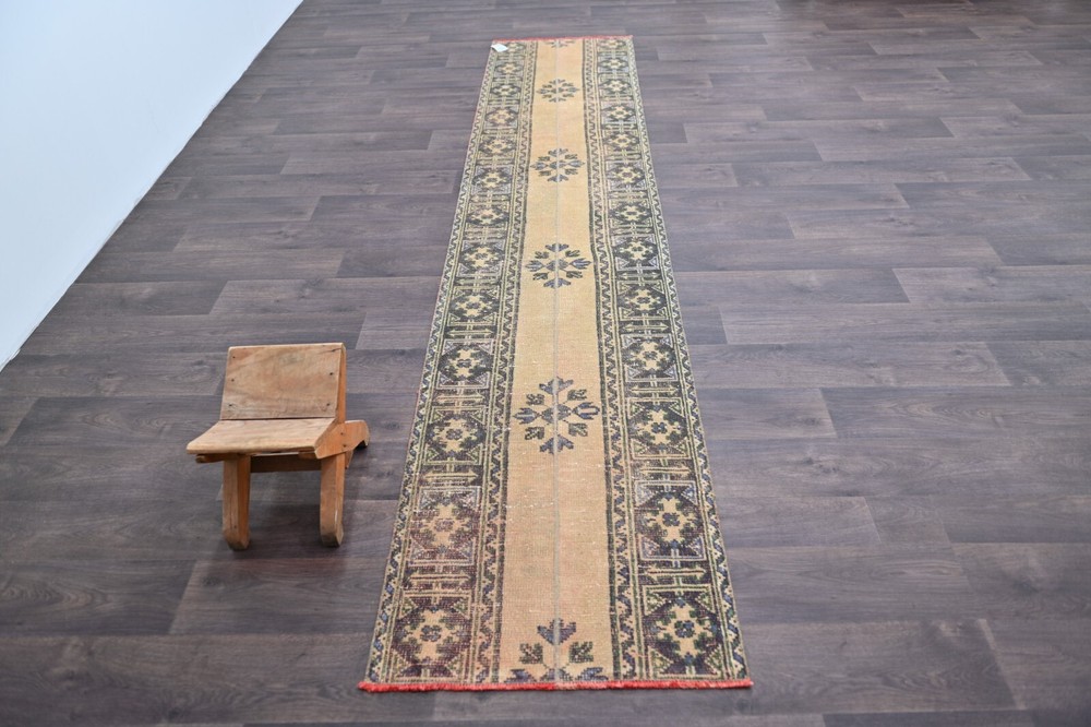 Vintage Turkish Runner Rug 2x10ft Wool Anatolian Handmade Hallway Oushak BEIGE
