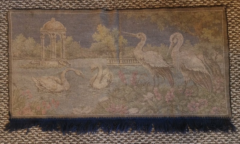 Vintage Tapestry Velvet Rug with Swans and Cranes 37"×21" gallery
