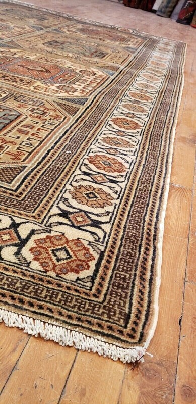 Hand-Knotted Vintage 1970's Muted Dye Geometri Patterned Bunyan Rug 4'10"×7'6 gallery