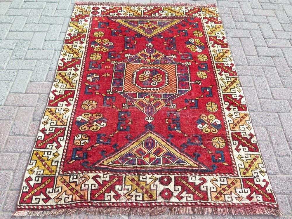 Oriental Antique Carpet, Red Wool Rugs, Handwoven Bedroom Floor Teppiche 50"x66"