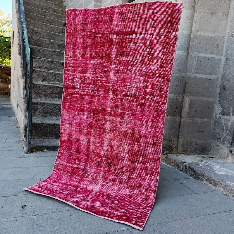 Turkish Vintage Red Overdyed Area Rug 3.41 x 6.4 ft, 3x6 Handmade 104 x 195 cm gallery
