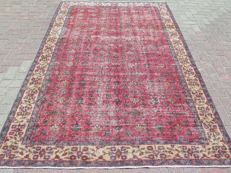 Raspberry Pink Distressed Vintage Carpet, Large Turkish Handmade Rug 68"x104" gallery
