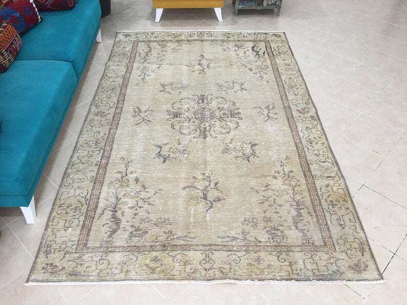 Faded Antique Persian Bohemian Oushak Area Rug Handknotted 5.7x8.7ft, 174x265cm gallery
