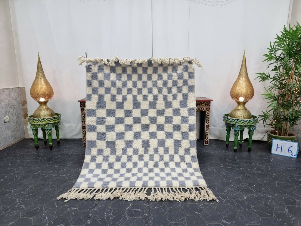 Beni Ourain Moroccan Handmade Rug 3'8"x4'9" Checkered White & Gray Wool Carpet