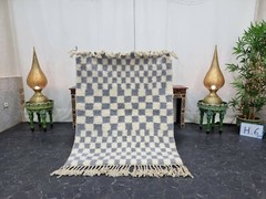 Beni Ourain Moroccan Handmade Rug 3’8″x4’9″ Checkered White & Gray Wool Carpet