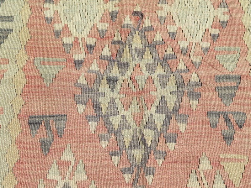 Peach & Cream Tribal Vintage Turkish Rug, Handwoven Wool Kelim Tapis 40"x46" gallery