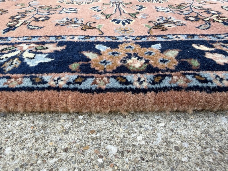 Vtg Sarouk Style Oriental Wool Rug Hand Woven Pink & Blue Floral Design 28x55” gallery