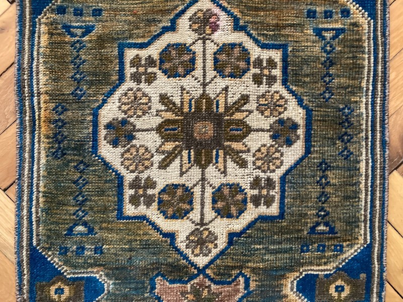 Entryway Wool Rug 1.4 x 3.6 ft Vintage Turkish Blue Brown Handwoven Carpet gallery