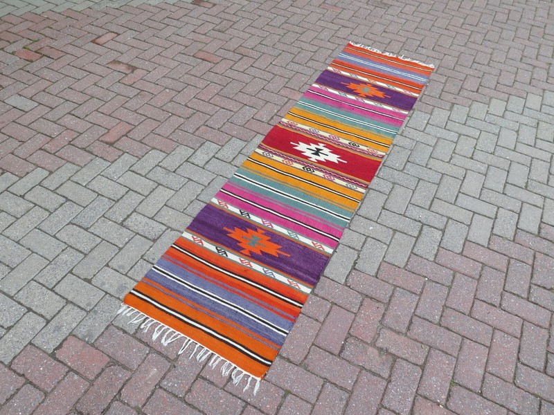 Multicolor Striped Vintage Turkish Runner Kelim, Handwoven Wool Boho Rug 25"x97" gallery
