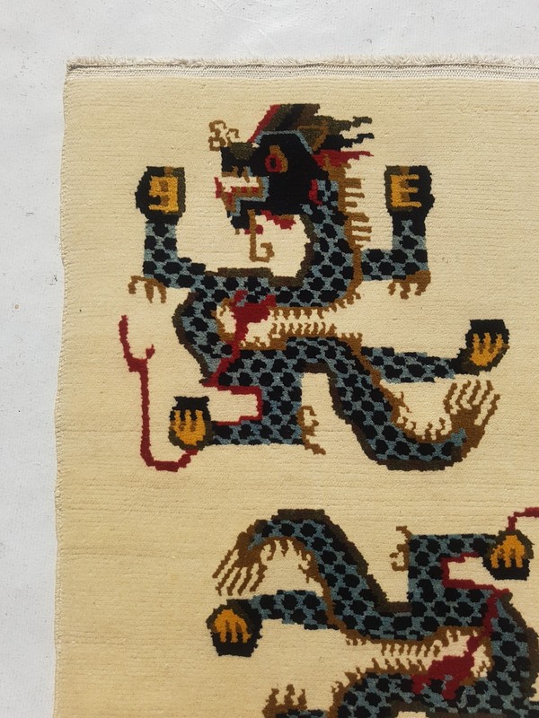 Vintage Handmade Chinese Tibetan Double Dragon Art Deco Wool Rug 89x63 cm gallery