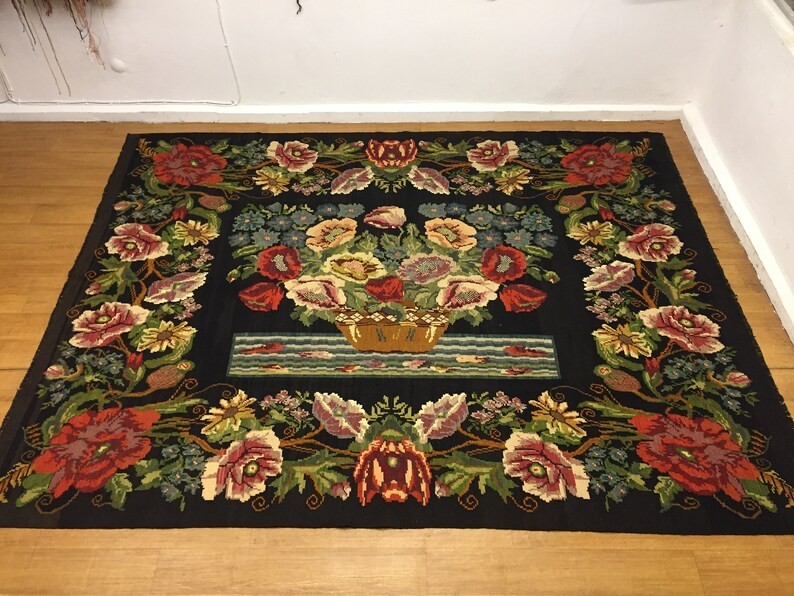 Vintage Turkish Floral Kilim Rug 9x11ft Handmade Flatweave Black Background Wool gallery