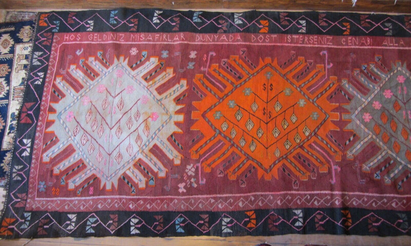 Turkish Kilim Rug Large 5'3" x 11' Woven Text Dated 1967 Banquet? Yoruk? Rare gallery
