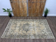 4×7 Beige Green Vintage Turkish Area Rug, Hand-Knotted Wool Living Room Rug