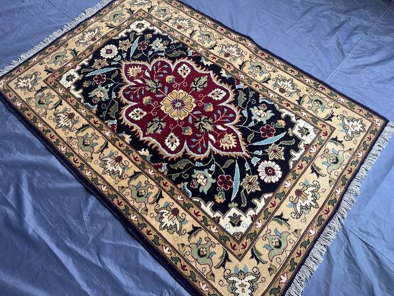 Black Turkish Floral Rug 3.4x4.10 Vintage Hand Knotted Wool Gold Medallion gallery
