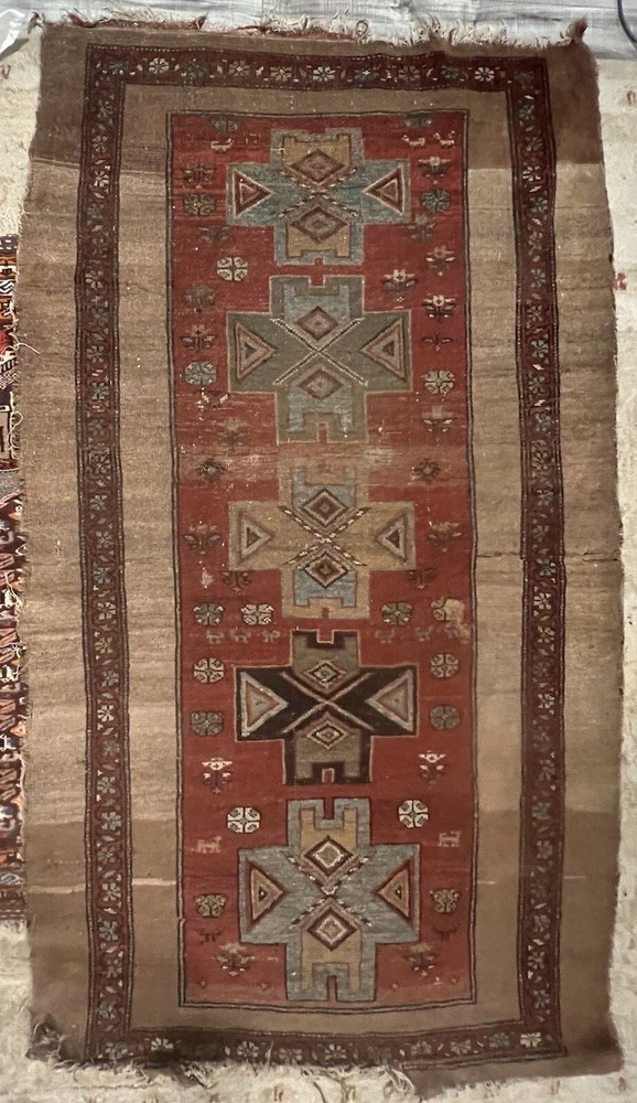 Rare Antique Brown Camel Hair Tribal Geometric Wool Hand Knotted 6.7” X 3.10”