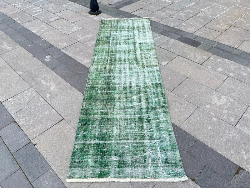 Vintage Turkish Overdyed Runner Rug 2.6x8.6 ft Green Hand Knotted Wool Rug gallery