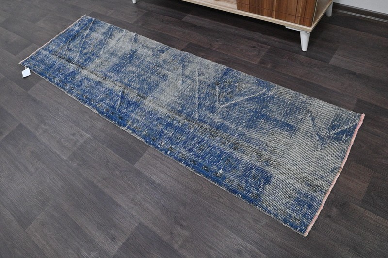 Vintage Turkish Runner Rug 2x7ft BLUE Handmade Anatolian Oushak Hallway Wool gallery