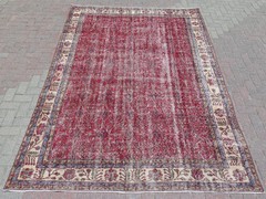 Vintage Turkish Handmade Wool Carpet Large Red Rug Distressed Kilim Rug 81″x115″