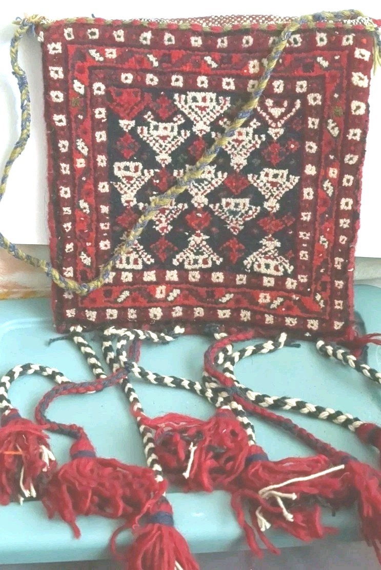 Vtg Salt Bag Namakdan Hand Woven Wool Kilim Carpet Rug Tapestry Tassel gallery