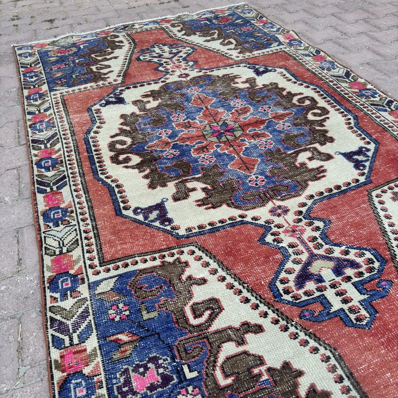4x7 Terracotta Blue Wool Vintage Turkish Geometric Floral Handmade - Tariff Free gallery