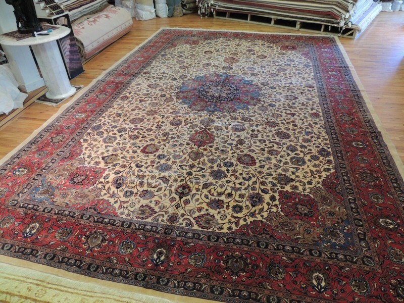 13x19 Oversize Antique Mashaad Oriental Area Rug Ivory Red wool RARE size gallery