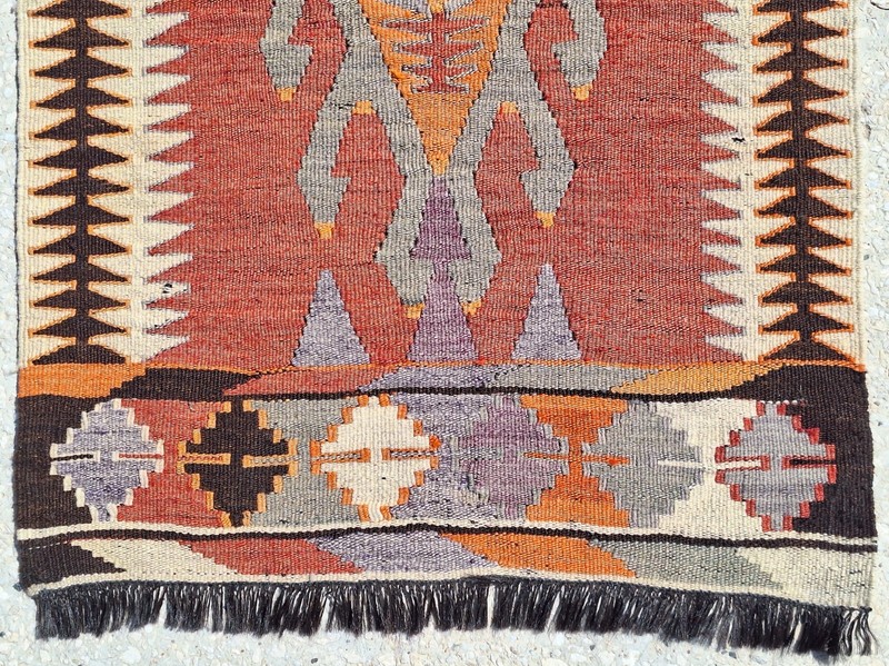 Vintage Turkish Nomad Kilim, Hand Woven Area Or Wall Rug, Fringed By Goat Wool gallery