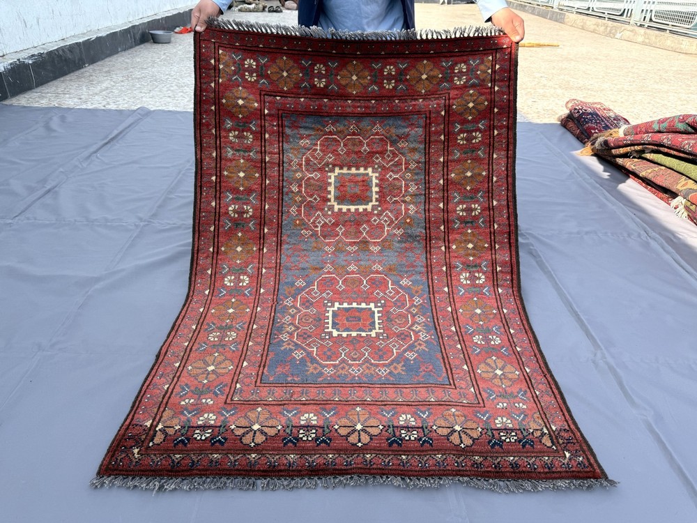 1960s Antique Afghan Turkmen Rug 3x5 Hand Knotted Persian Style Oriental Carpet