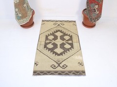 2×4 Beige Brown Accent Rug, Handmade Mini Wool Rug, Small Area Rug, 2.4×4.3 Ft