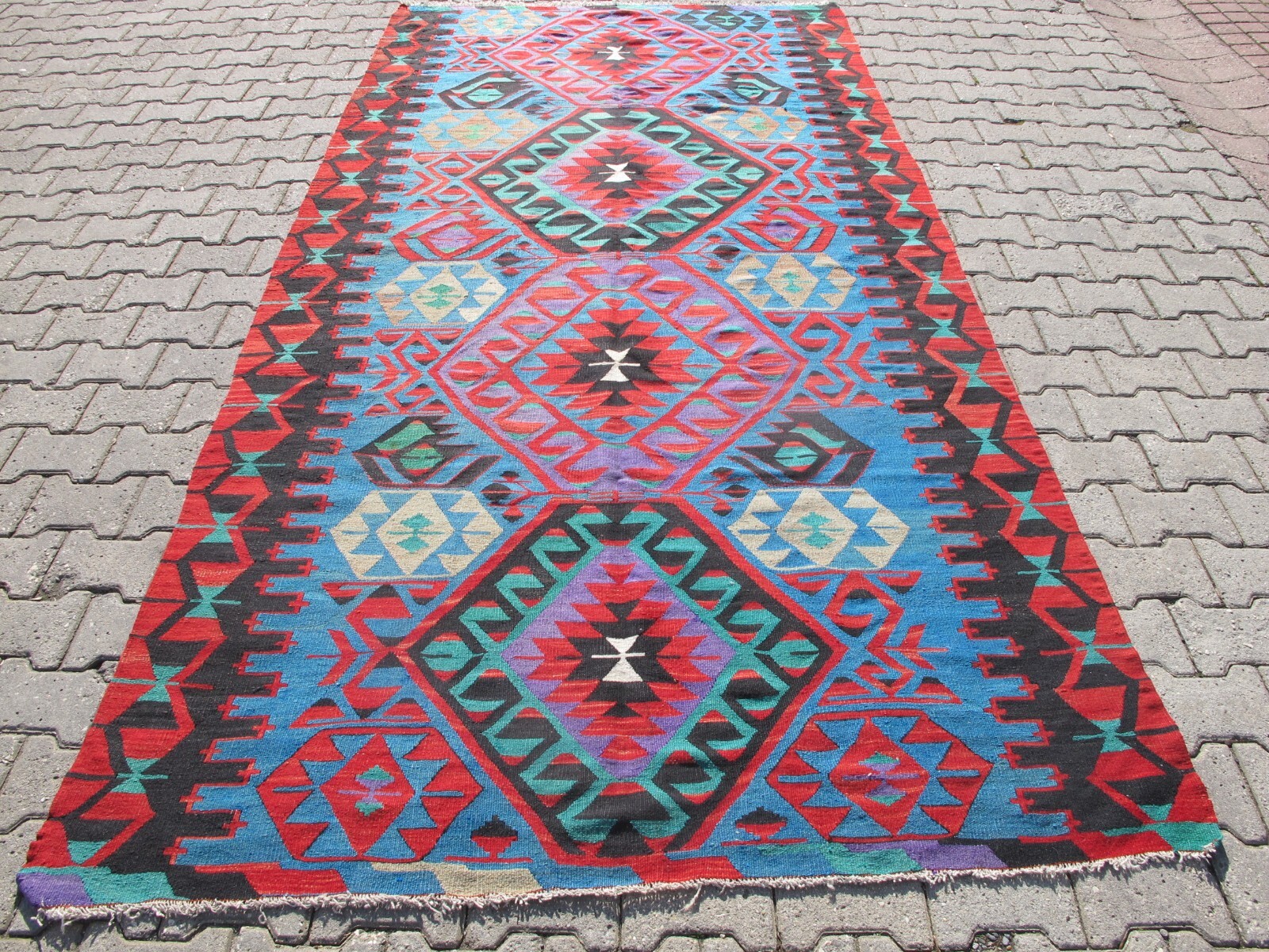 Vintage Turkish Kilim Rug Blue Handmade wool Vibrant Turquoise 1970s Rug Carpet gallery