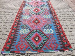 Vintage Turkish Kilim Rug Blue Handmade wool Vibrant Turquoise 1970s Rug Carpet