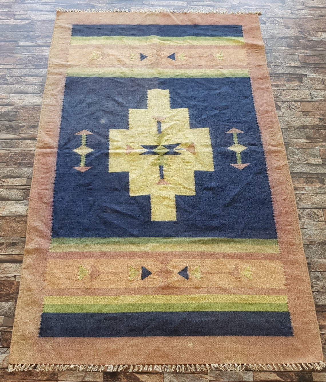 Vintage Handmade Mexican Geometric Wool Kilim Flat-weave Rug 176x113 cm gallery