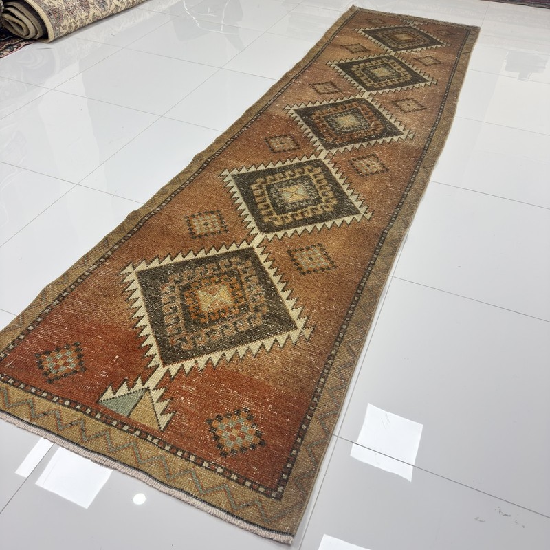 3x11 Terracotta Cream Antique Wool Runner With Dark Brown Motifs- Tariff Free gallery