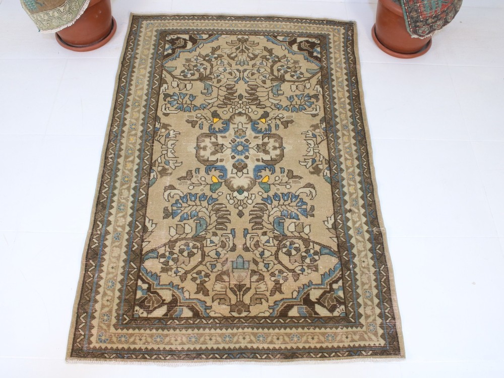 Vintage Turkish Wool Area Rug 4x6 ft | Handmade Wool Beige Blue Rug | 4x6 Ft